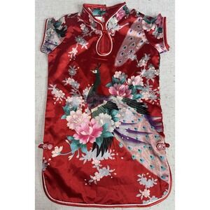Infant Toddler Baby Girls Red 100% Silk Cheongsam Dress Peacock Floral Size 1